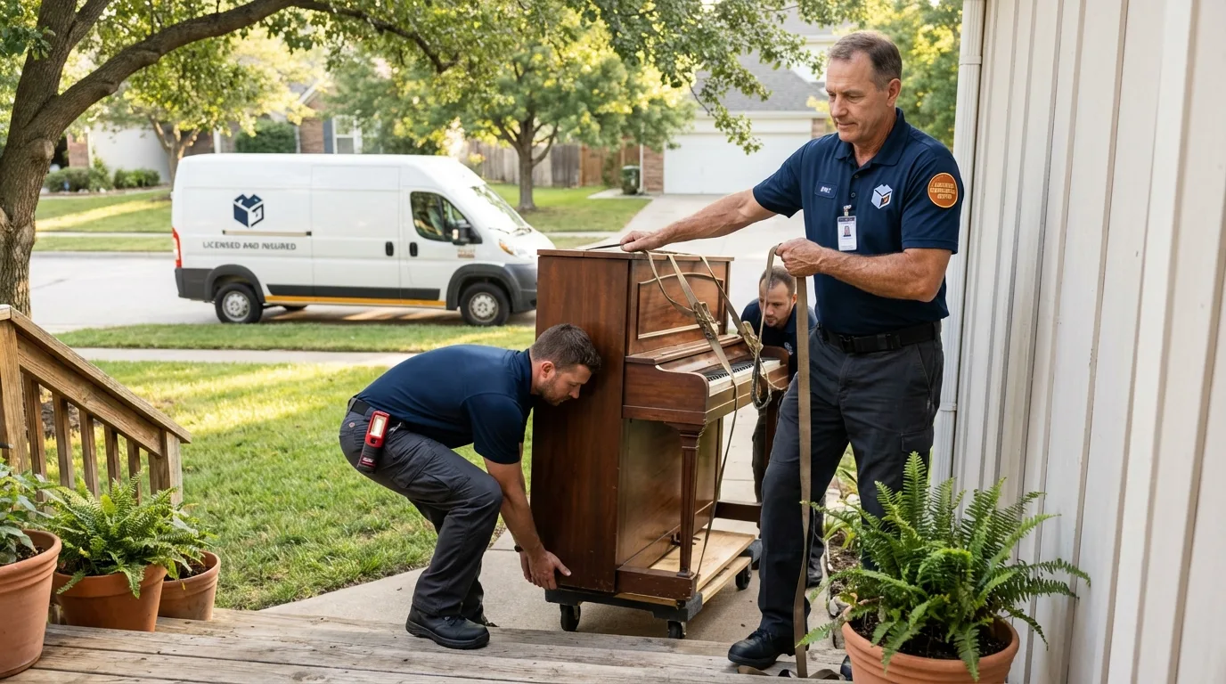 Licensed piano movers securing grand piano in Lake City, PA