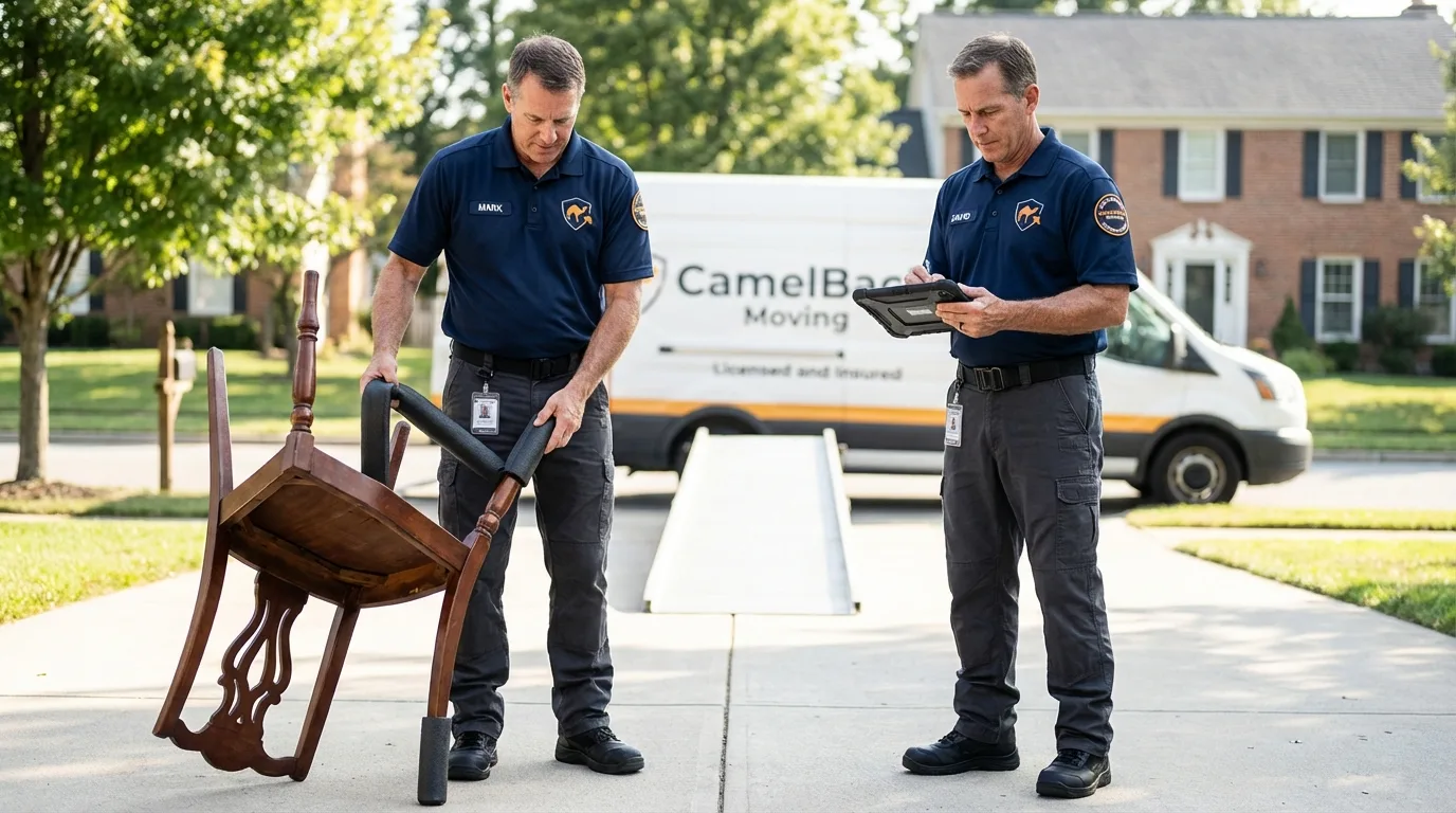 Movers inspecting furniture for damage prevention before loading in Lake City, PA