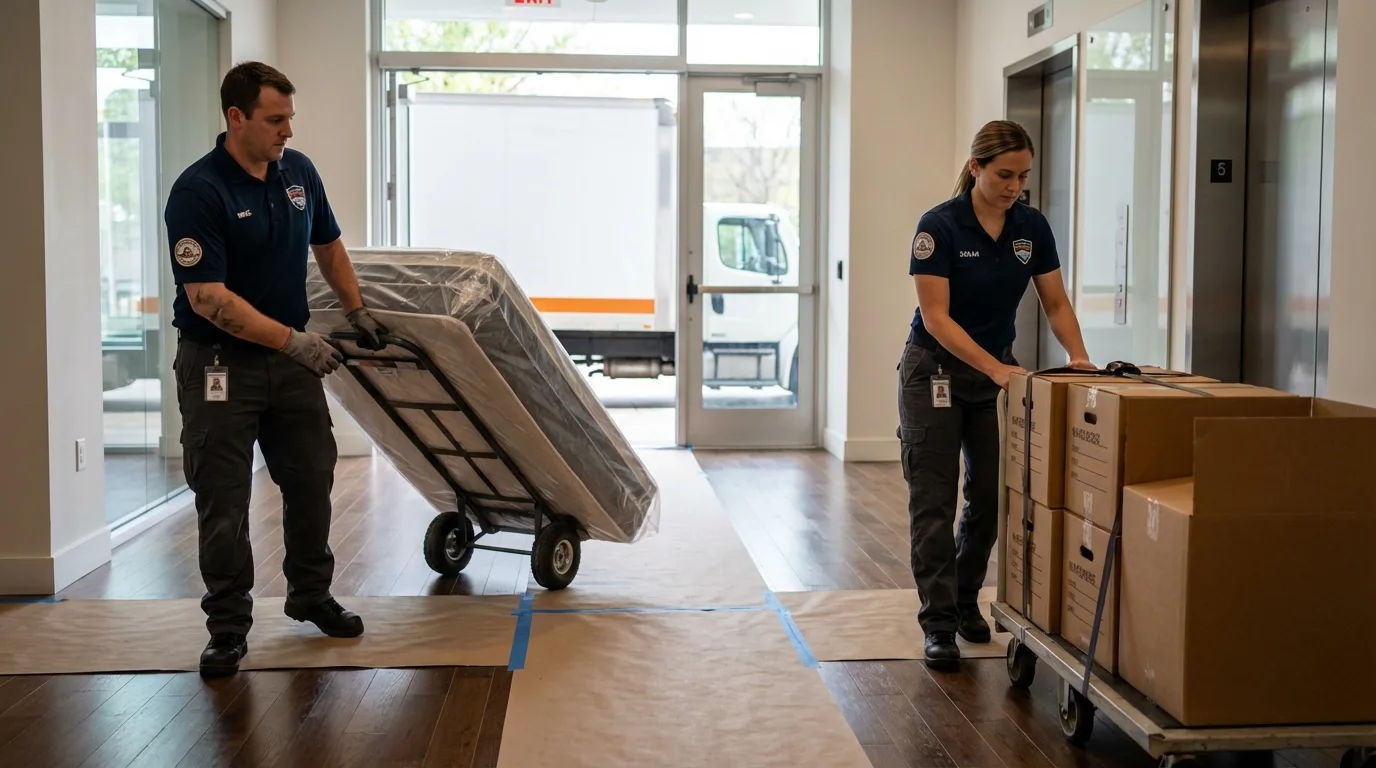 Professional apartment movers loading elevator in Lake City, PA