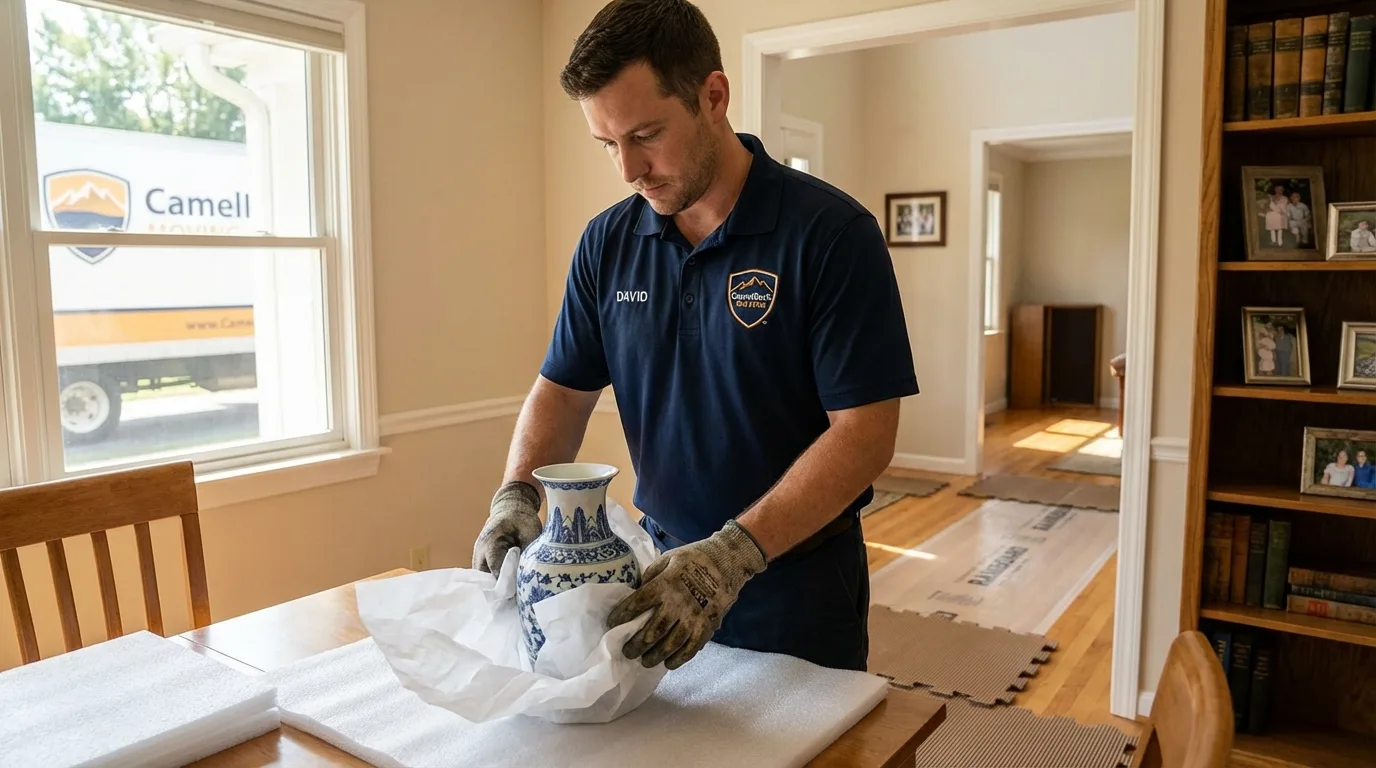 Professional crew carefully wrapping antique vase for senior downsizing move in Lake City, PA